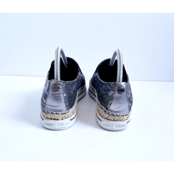 JIMMY CHOO Dawn Metallic Pewter Leather Espadrilles EU 39 US 9 Slip On Leopard - Picture 9 of 16